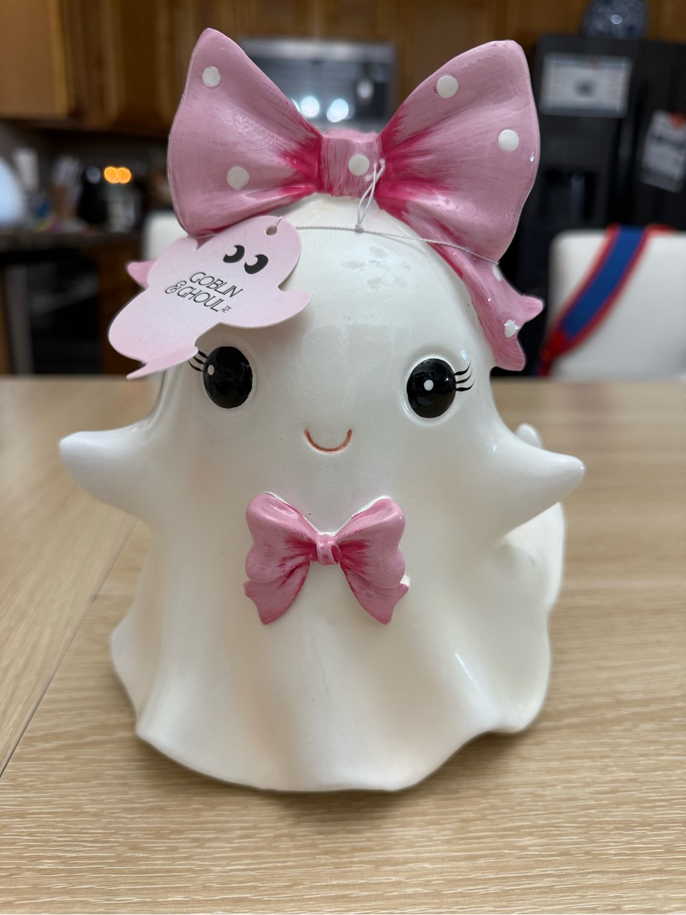 Cute Pink-Bow Ceramic Ghost Figurine by